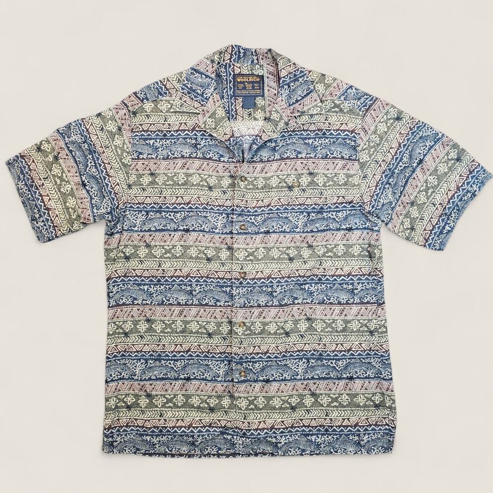 Vtg Woolrich Shirt Mens Medium Tribal Aztec Fish Short Sleeve Cotton Hawaiian